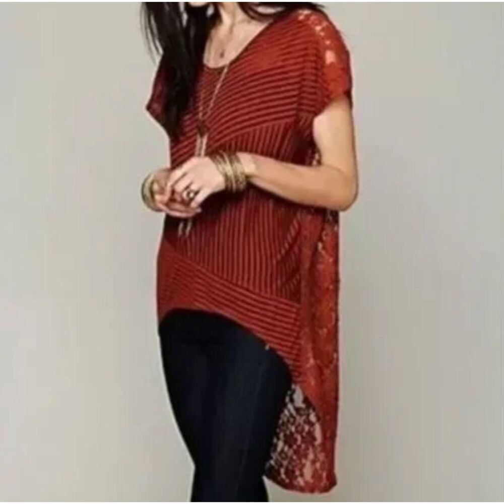 Free People Daydream Lace Stripe Round Neck Tunic Burnt Orange Small